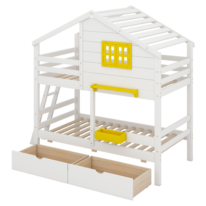 Lit superposé avec 2 tiroirs, 1 boîte de rangement, 1 tablette, fenêtre et toit, Blanc