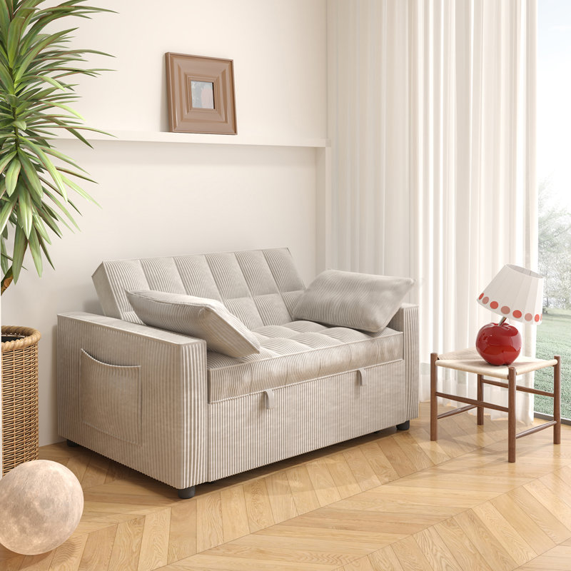 53.2'' Upholstered Convertible Sleeper Sofa, Ivory Corduroy