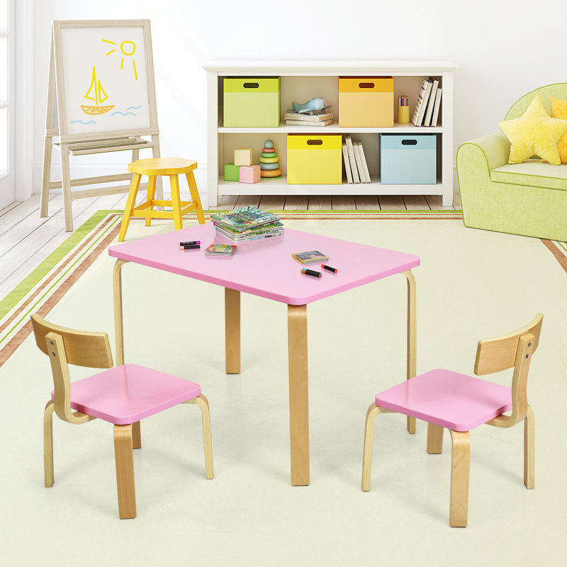 Ensemble 3 pièces de table de jeu / chaise en bois massif pour enfants Ottman, Rose