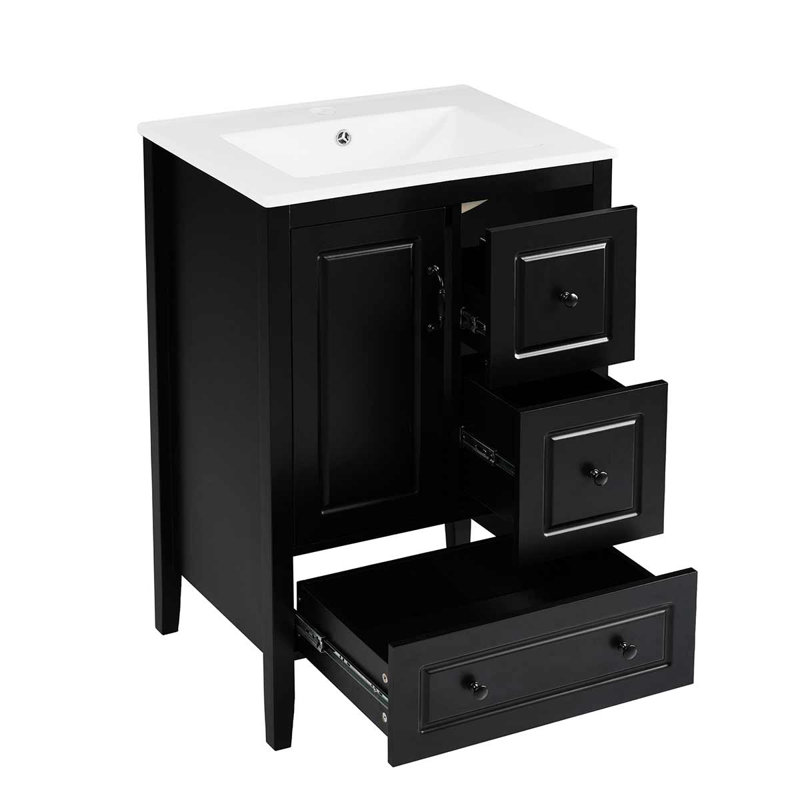 Meuble-lavabo autoportant moderne de 24 pouces avec porte à fermeture douce et 3 tiroirs, Noir