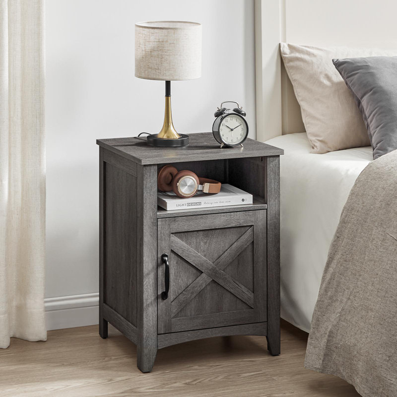 Bauman 18" W Farmhouse Nightstand with Storage Cabinet and Open Shelf, Misty Gray, Individual