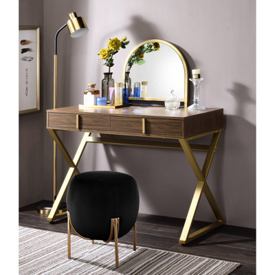 Bureau de coiffeuse en noyer et or avec 2 tiroirs de rangement, plateau à bijoux, cadre en métal, miroir et miroir à structure rectangulaire