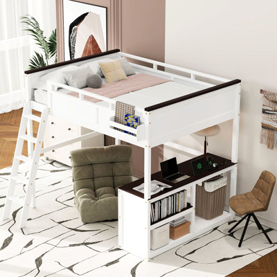 Grand lit mezzanine avec bureau, tablette ouverte et boîte de rangement en bois massif blanc, garde-corps pleine longueur, tablettes pratiques, instructions d'assemblage claires et robustes, mode de vie confortable