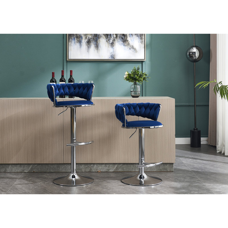 2 tabourets de bar en velours bleu - base en métal avec placage pour une apparence attrayante en velours réglable en hauteur, repose-pieds ergonomique