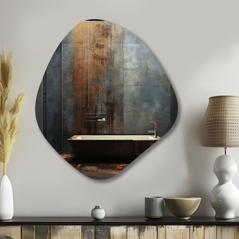 «Black Industrial Minimalist Bath I» - Art mural en métal de salle de bain asymétrique, reproduction de sculpture murale en métal de forme irrégulière