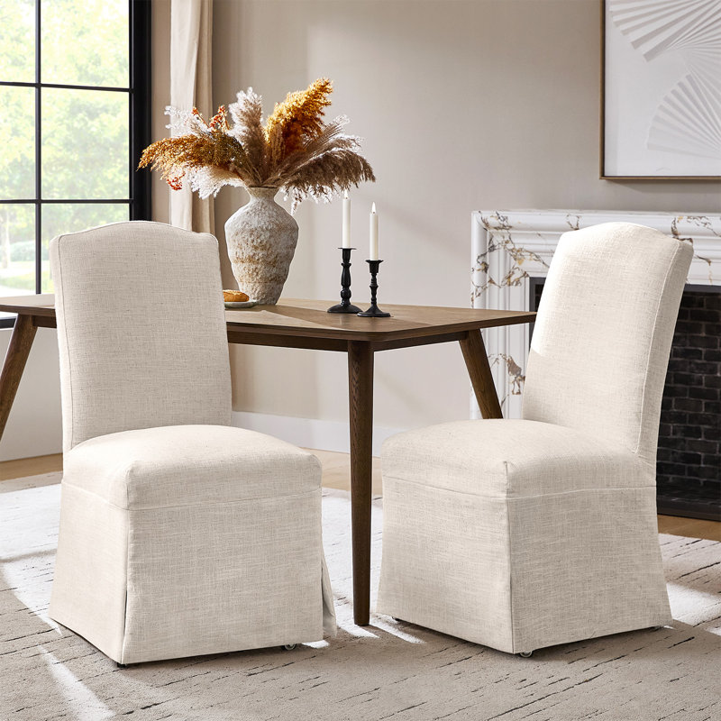 Albeniz Transitional 40"Tall Solid Wood Legs Dining Chair with Removable Fabric Slipcover (Set of 2), Ivory