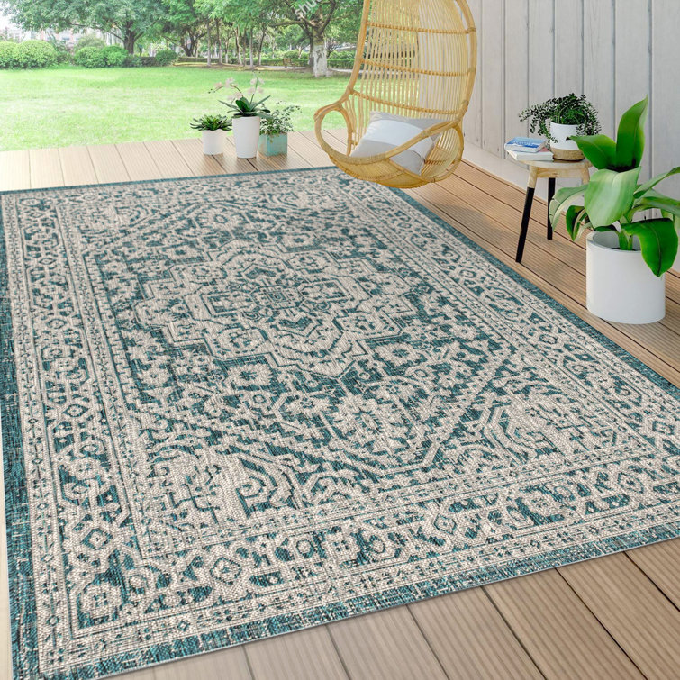 Moten Medallion Textured Weave Teal Blue/Gray Indoor/Outdoor Rug