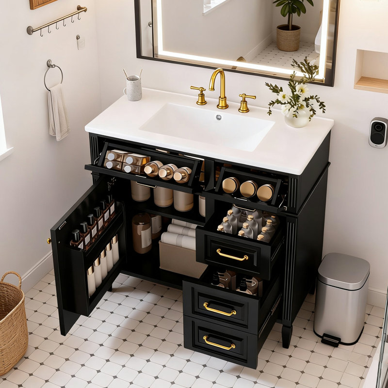 36" Freestanding Bathroom Vanity - Ceramic Sink Top,Solid Wood Frame & Mdf Cabinet With Flip Drawer Design, Black, Gold