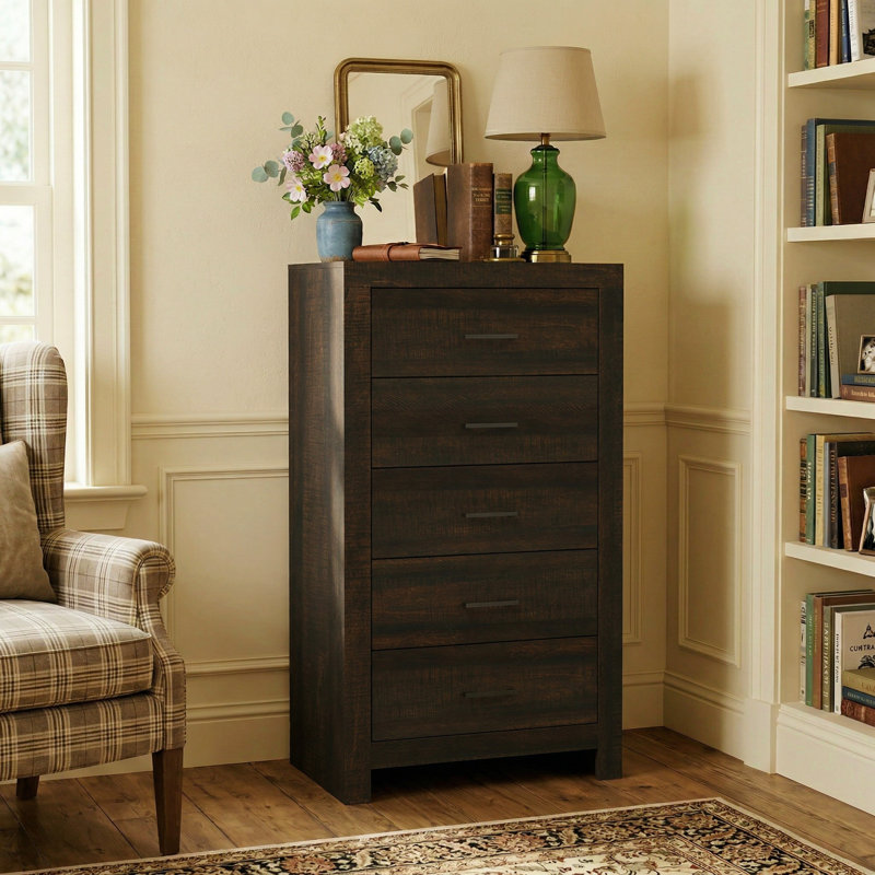 Grande commode à cinq tiroirs à texture de grain de bois, Brun