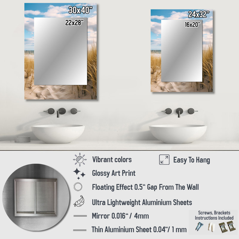 Path To The Beach V - grand miroir de plage sable, miroir mural décoratif beige, impression d'art en métal, 32 po x 24 po