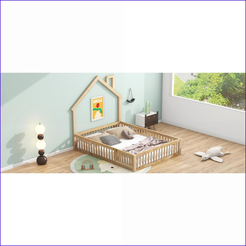 Lit plateforme double en bois de pin avec garde-corps - Aucun sommier nécessaire, style rustique naturel pour la chambre à coucher
