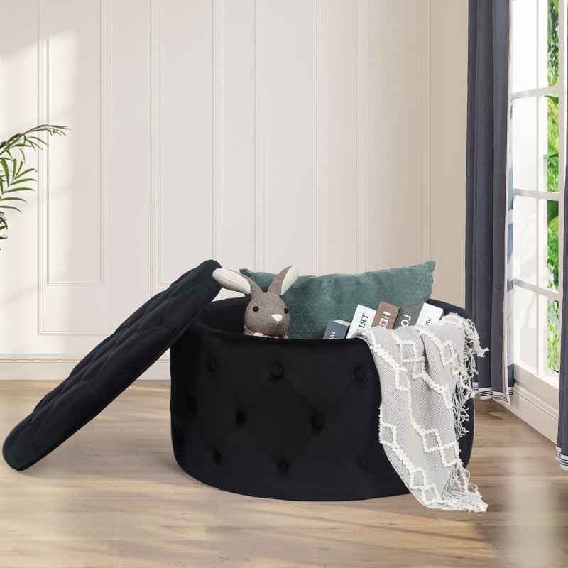 Repose-pieds rond avec rangement Ardean, Velours gris velours