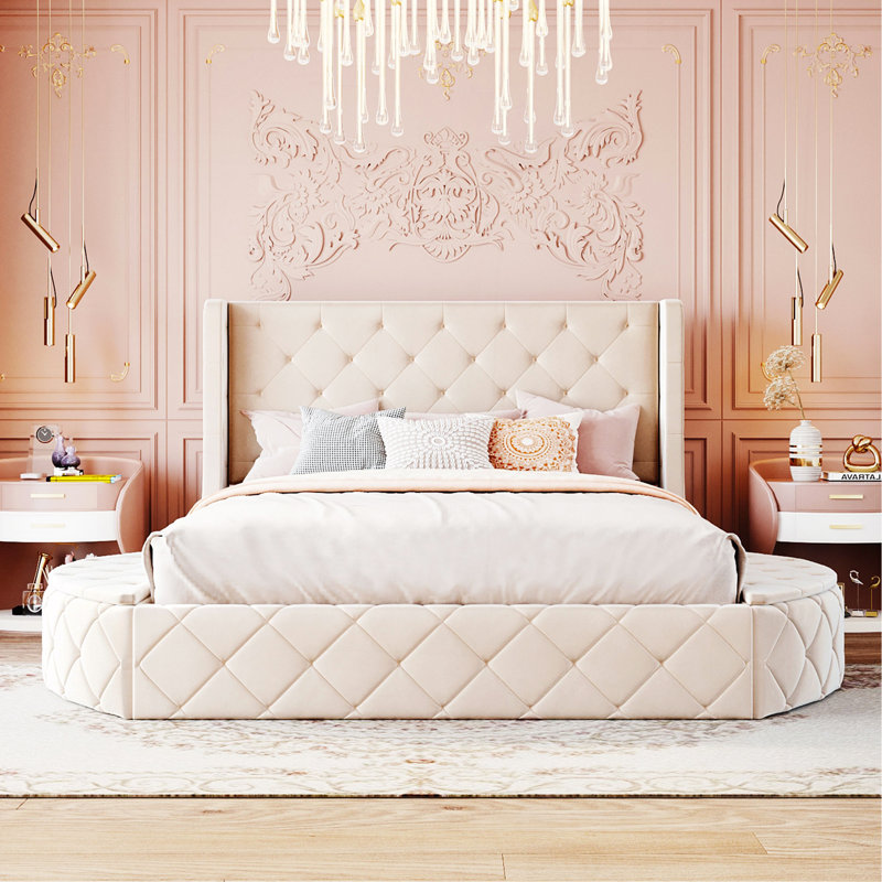 Lit plateforme tapissier en velours avec tête de lit à oreilles, 1 grand tiroir et 2 tabourets de rangement latéraux (beige)