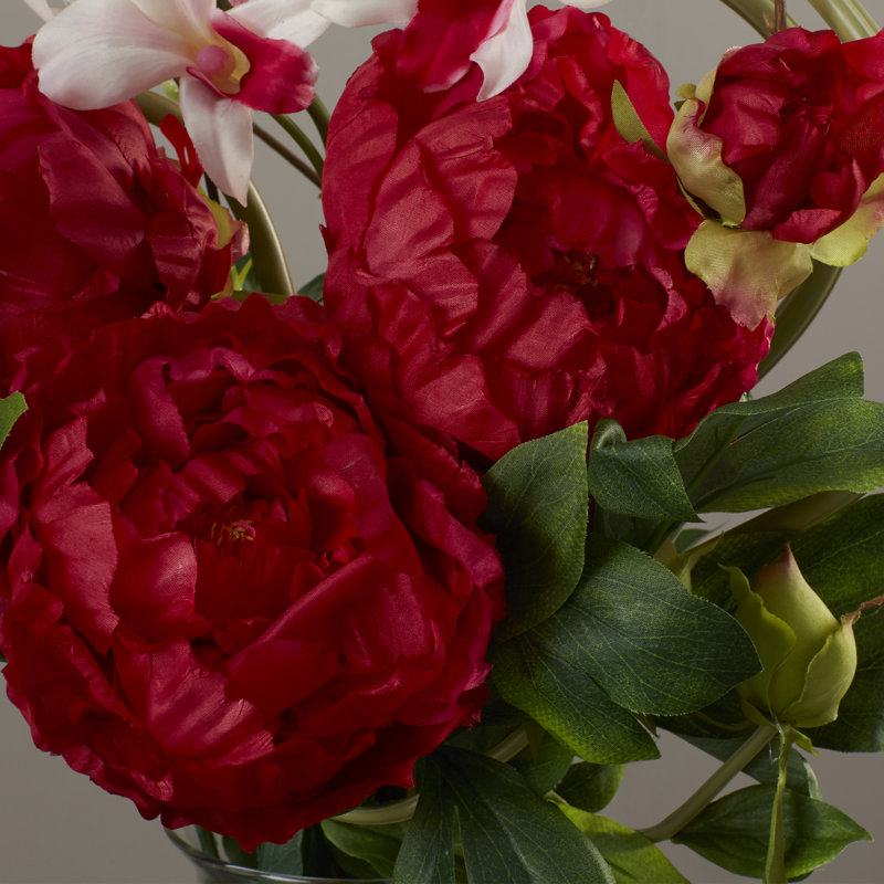 Arrangement floral orchidées et pivoines dans un vase, Rouge / blanc