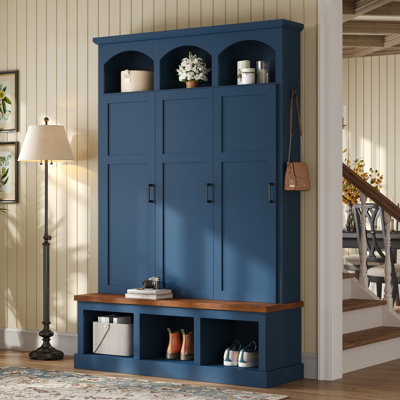  Arbre de vestibule arqué classique avec banc, 3 meubles de rangement cachés 5 crochets, bleu