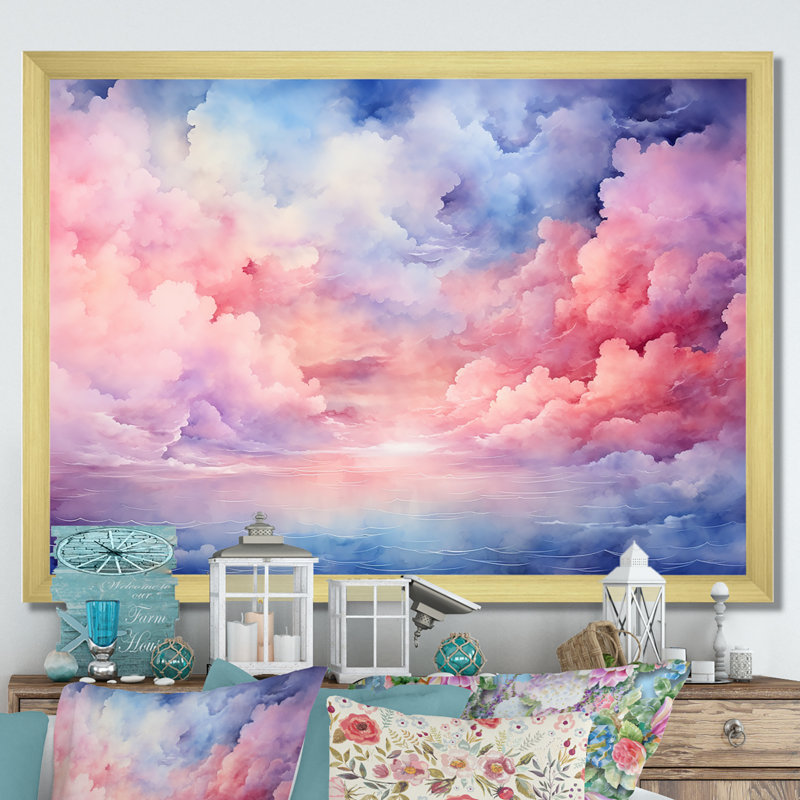 Rose et bleu pastel coloré ciel II - art mural ciel, Cadre doré à coins fermés, H 12 po x l 20 po x P 1 po