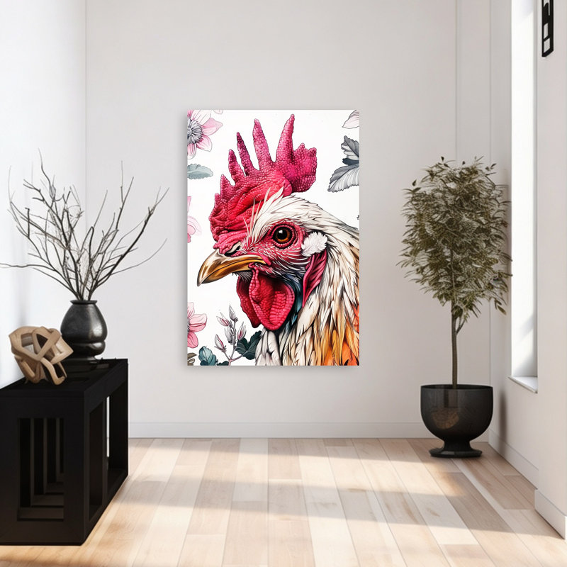 «Vibrant Rooster Profile Colorful Elegant Vibrant Bird Nature Landscape», art mural, H 48 po x l 32 po