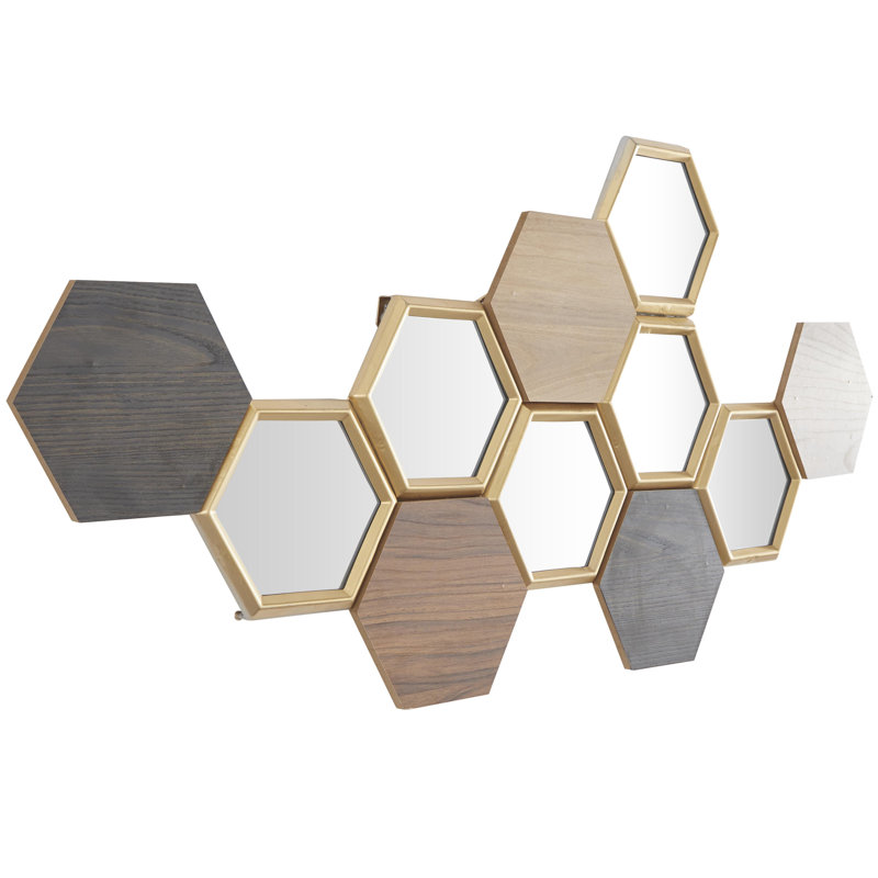 Wood Honeycomb Geometric Brown Wall Decor with Mirrors