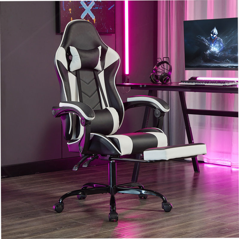 Gaming Chair With Footrest, Ergonomic Computer Chair With Headrest And Lumbar Support, Breathable Material Height Adjustable Video Game Chairs For Adults, Black White