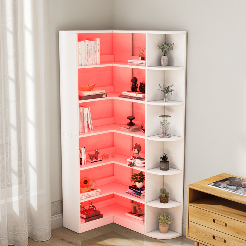 Illuminated 6 Tier L-Shaped Storage Corner Bookcase with LED Lighting, White