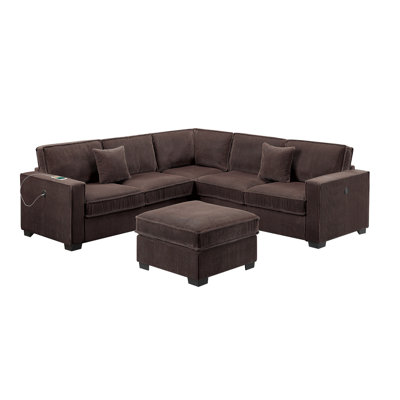 Modern Style 4Pc Sectional Set Right Arm And Left Arm Loveseat USB Port Plastic Legs Cocktail Ottoman Matching Two Pillows Chocolate Finish Primary Living Room