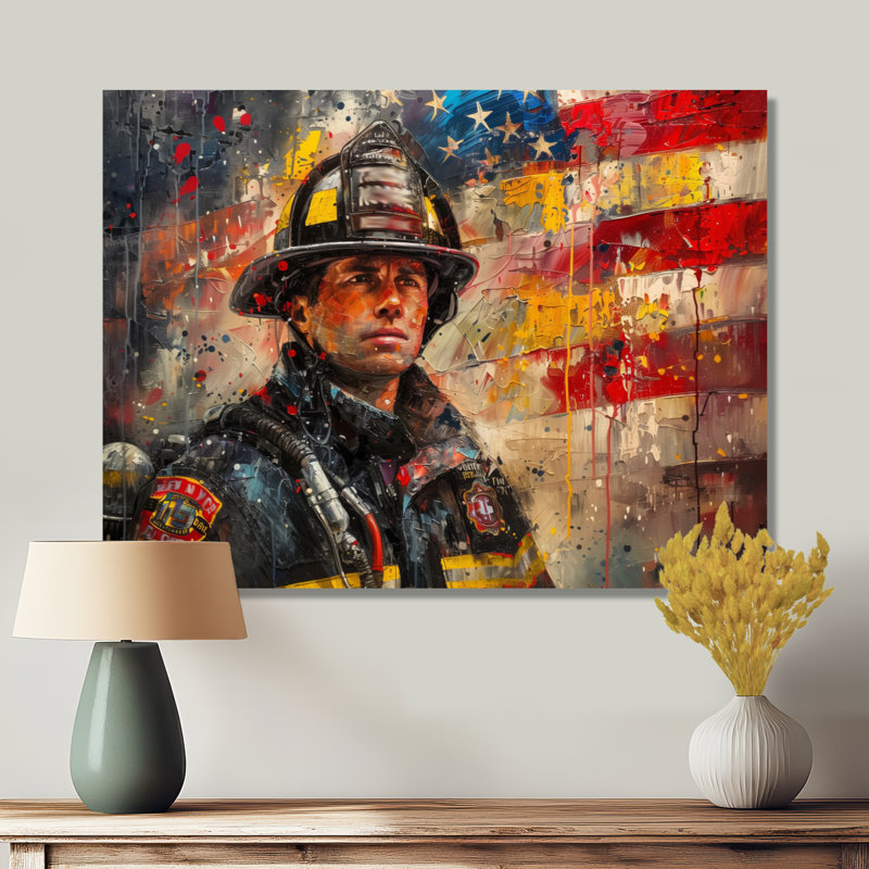 «Patriot Firefighter Hero I - Fireman Wall Art Living Room», H 12 po x l 20 po x P 1 po, Toile tendue