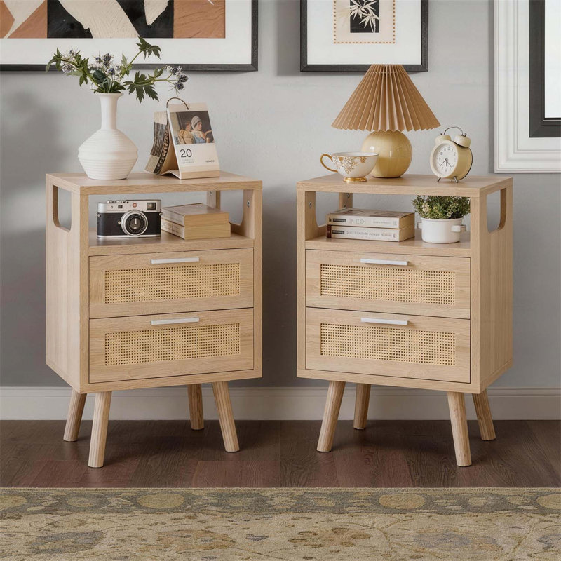 Ensemble de 2 tables d'appoint modernes avec 2 tiroirs, Natural
