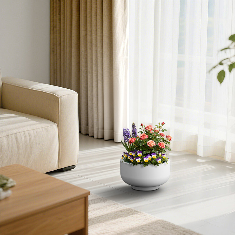 13.5"W x 7.5" H Medium Bright White Concrete Planter / Pot Lightweight Planter Bowl with Drainage Holes, Pearl White