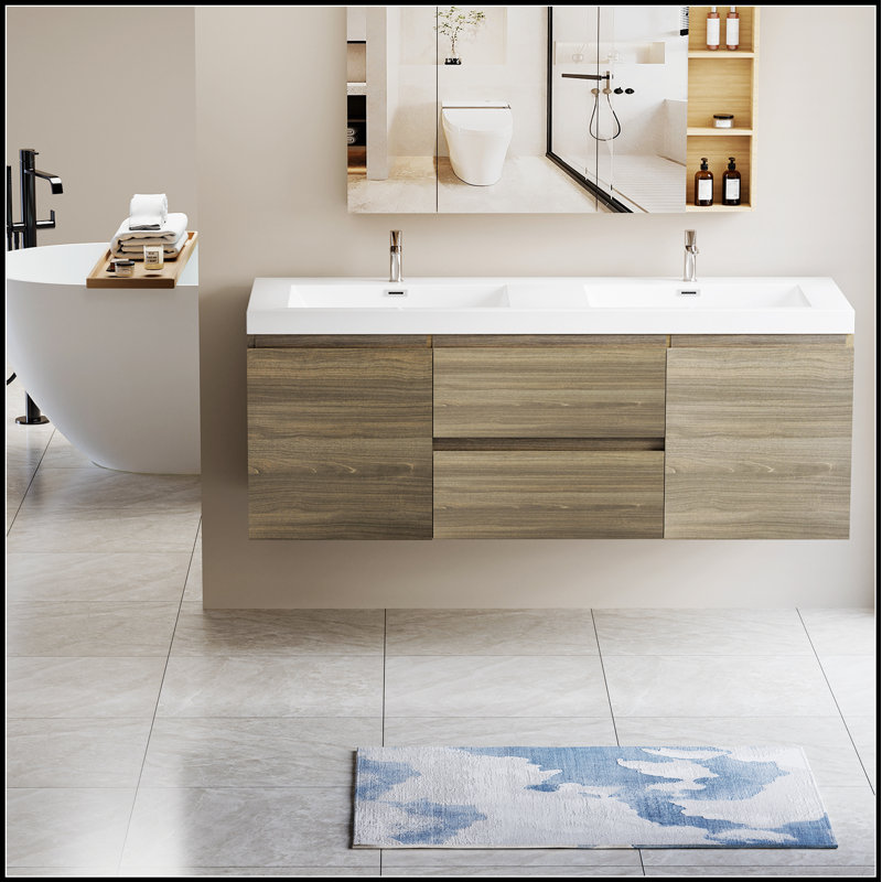 Meuble-lavabo mural moderne de 60 pouces avec lavabos doubles en résine et tiroirs à fermeture en douceur, gris cendré