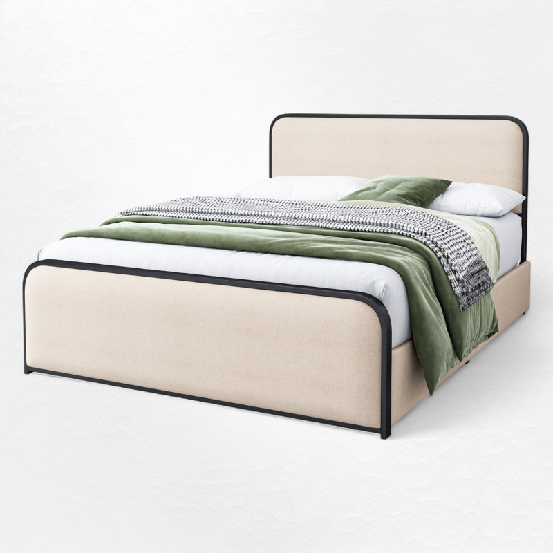 Upholstered Platform Bed With 4 Drawers, Queen, Beige/Black