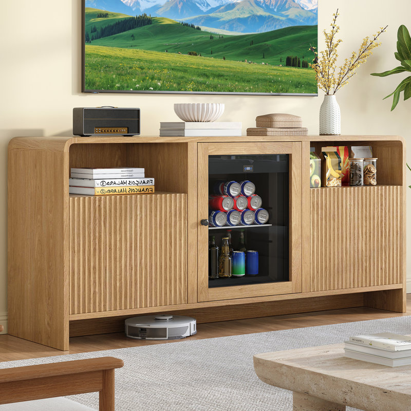 60" Modern Coffee Bar With Beverage Fridge, Side Storage And Double-door Cabinets For Dining Room Or Living Room, Light Oak