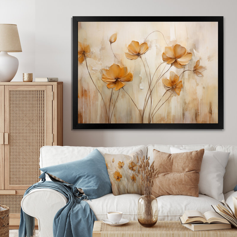 «Beige Botanical Impressions IV», reproduction d'art mural abstrait, Cadre simple noir, H 30 po x l 40 po x P 1,5 po