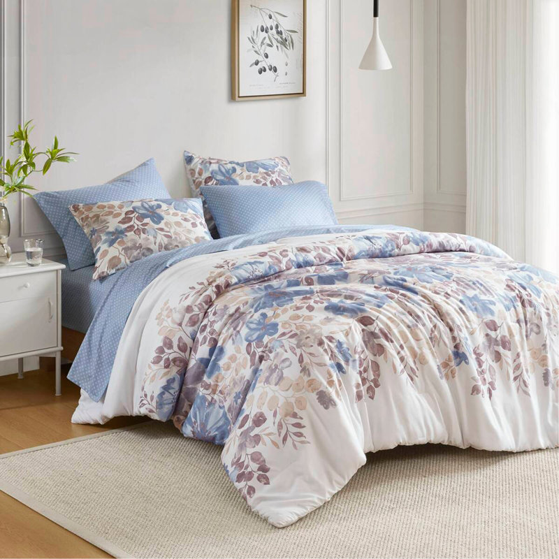 Ensemble d'édredon floral avec draps, Bleu, Édredon lit simple + 6 pièces incluses