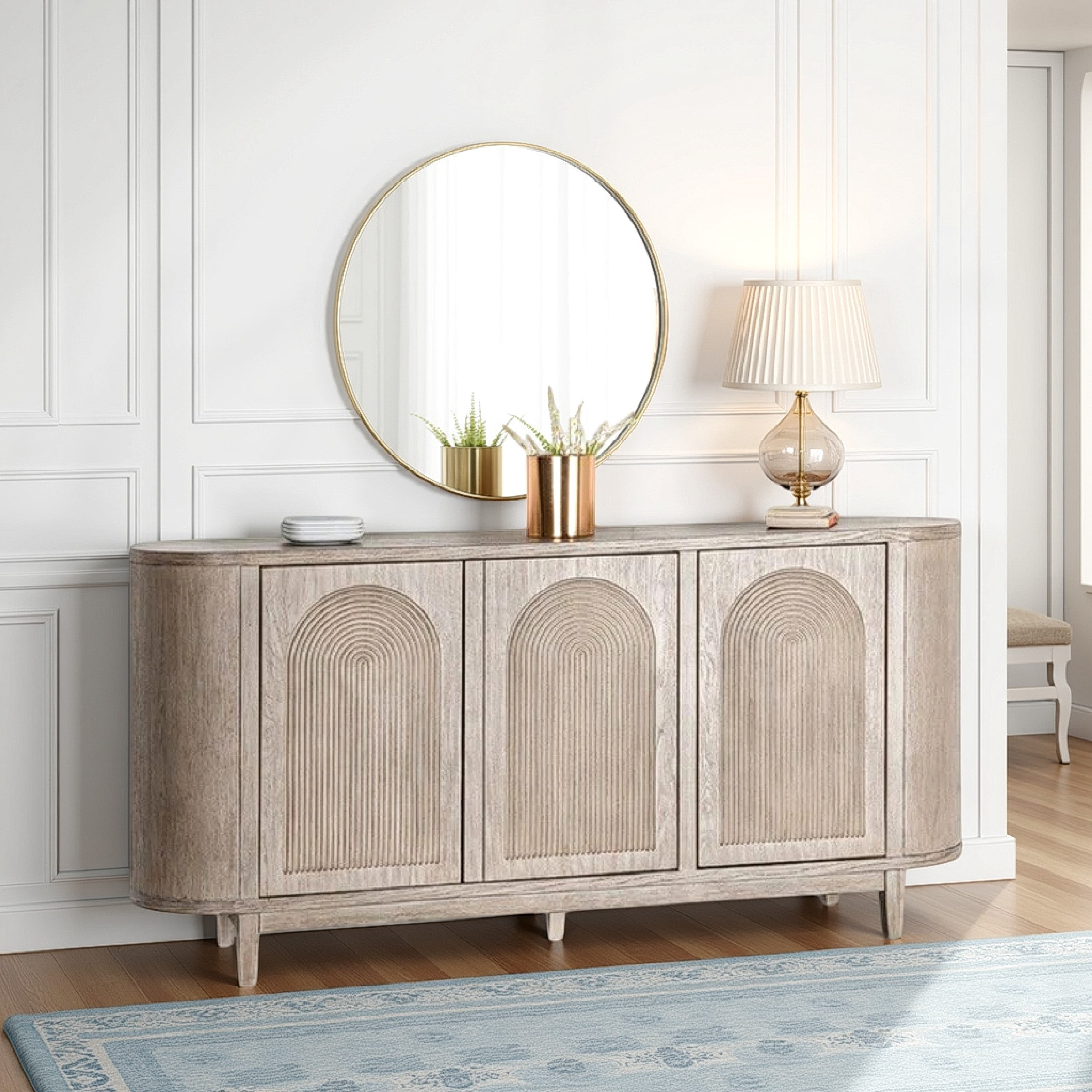 Zoko Sideboard Buffet Console, Arched Design Doors, 77 Inch Wood