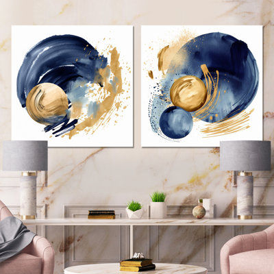 Dark Blue & Gold Abstract Circle Texture I - Abstract Shapes Square Collage Set Of 2