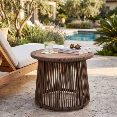Tables de patio sans assemblage, en bois d'acacia et corde d'acier, style bohème moderne pour terrasse
