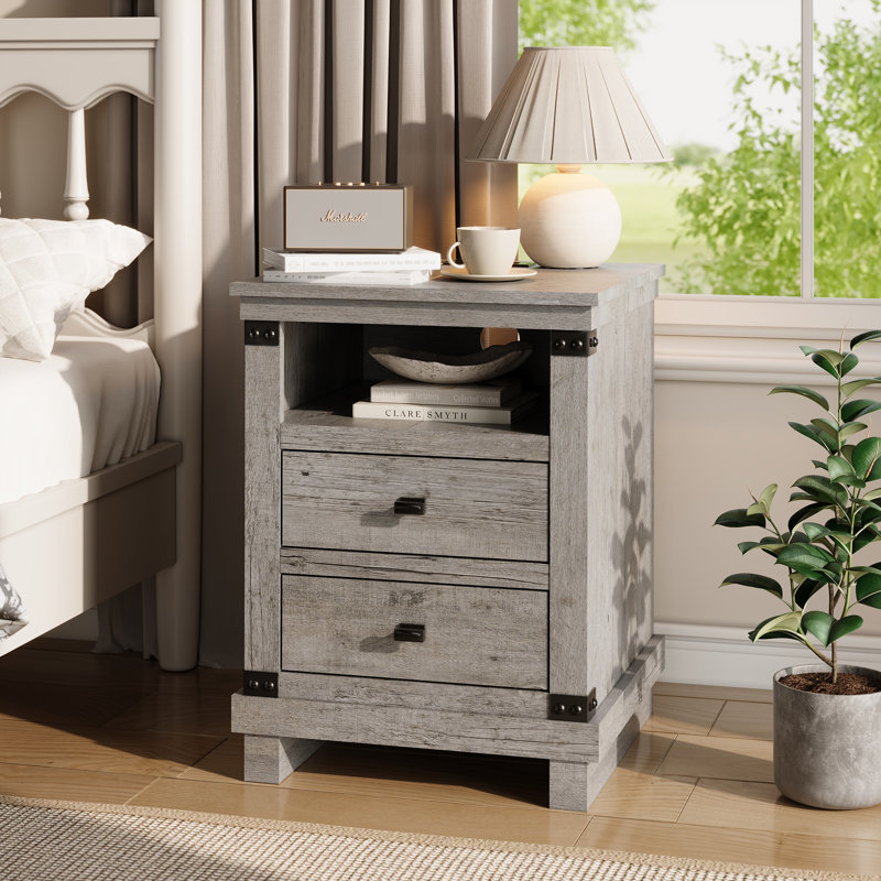 Table de chevet 18 po avec station de charge et 2 tiroirs, Gris clair