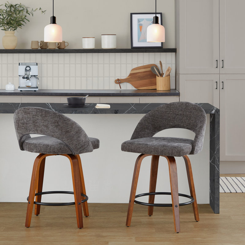 Ensemble de 2 tabourets de comptoir à hauteur fixe, structure en bois de noyer avec tissu gris foncé et repose-pieds en métal noir
