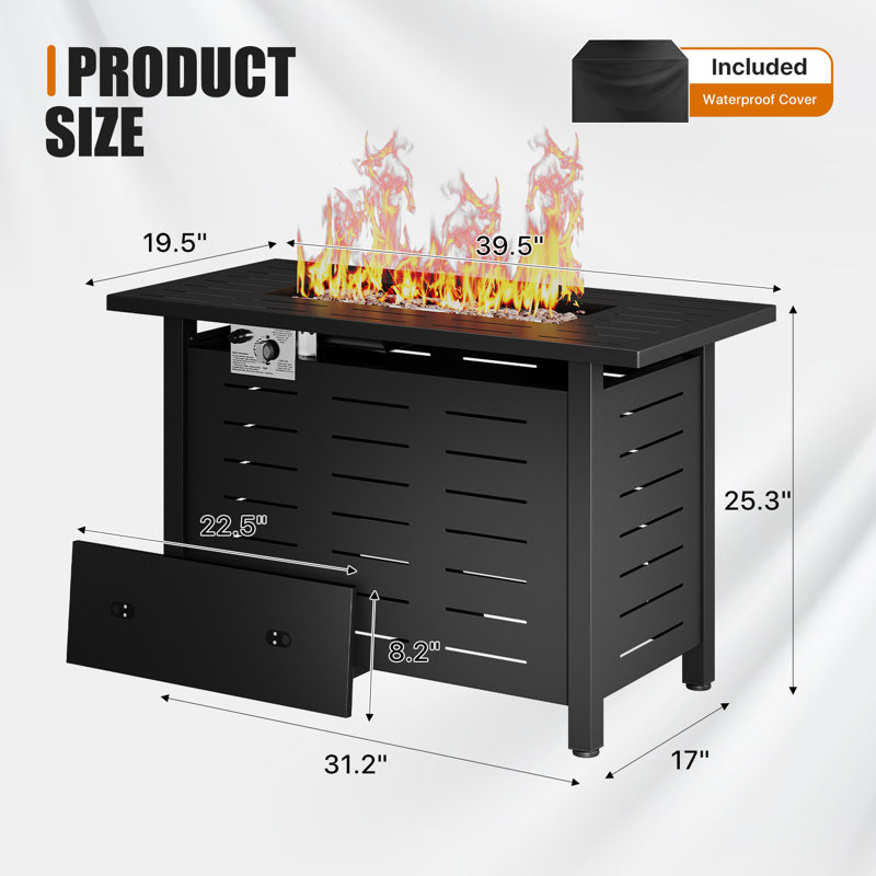 25" H X 40" W Iron Propane Outdoor Fire Pit Table With Cover