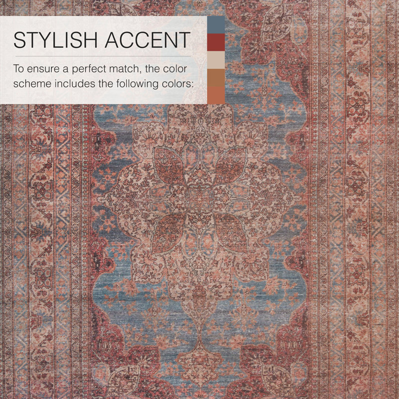 Washable Blue and Red Medallion Wool Rug