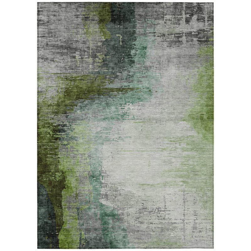 Machine Washable Indoor/Outdoor Xhevrie Green Rug, Rectangle 3' x 5'