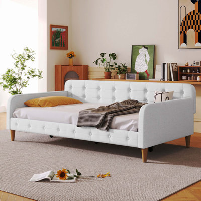 Lit de jour simple rembourré avec 4 pieds de soutien, beige