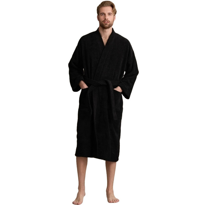 Peignoir mi-mollet 100% coton avec poches Ladijah, Noir