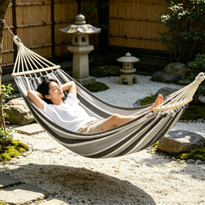 Grey Upgraded 320G Thick Canvas Camping Hammock, 550Lb Capacity With Anti-Roll Beam & Sturdy Metal Knot For Outdoor & Backyard Use