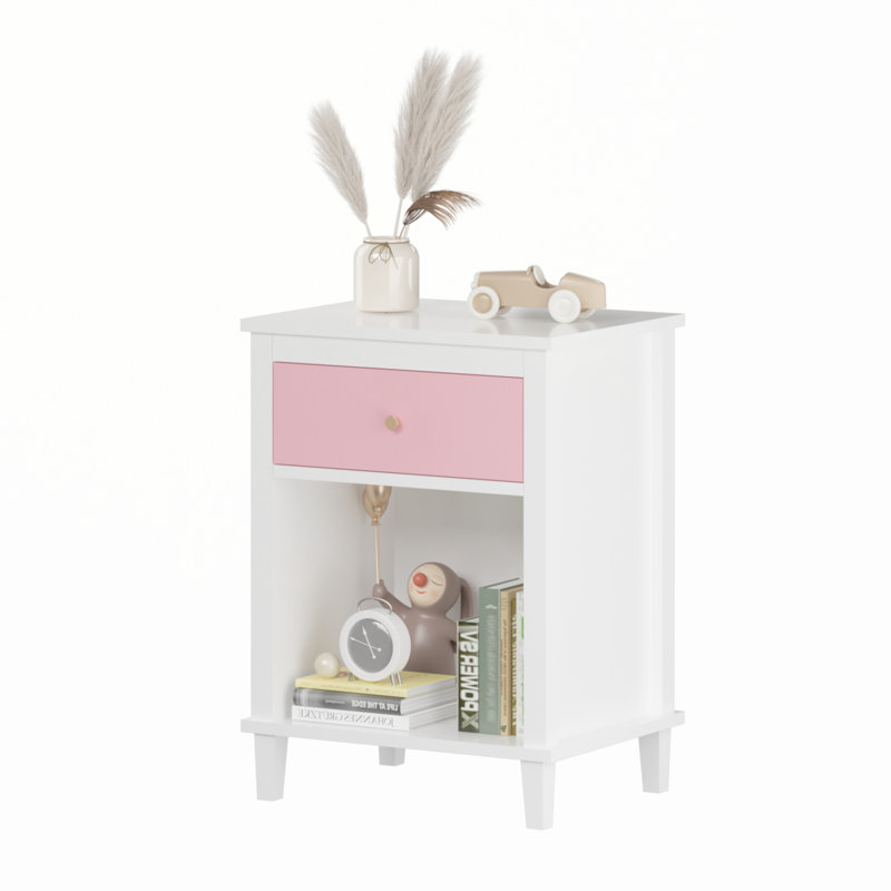 Table de chevet en bois avec un tiroir et une tablette pour enfants et adultes, Rose