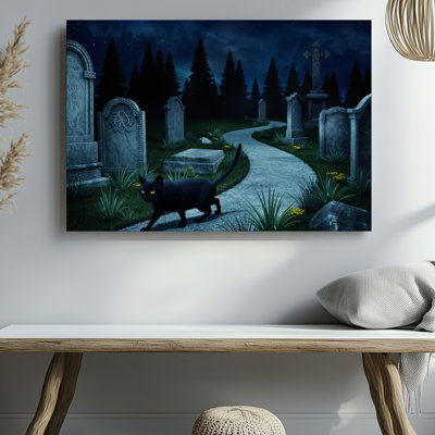 Canvas A Mysterious Moonlit Graveyard Scene Featuring A Sleek Black Cat Wall Art With Glowing Yellow Eyes Walking Along A Winding Canvas Wall Art