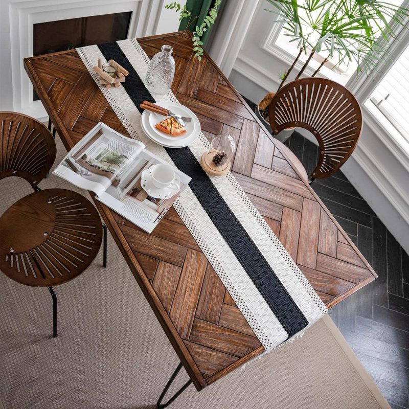 Symona Runner No Pattern Linen Blend Table Runner, 12" W x 95" L, Beige/Black