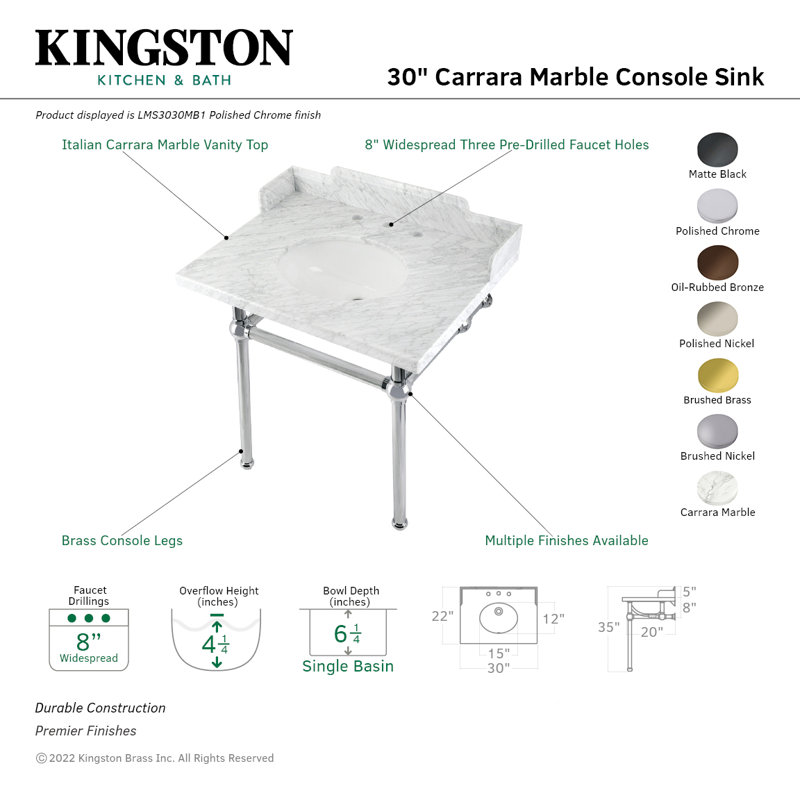 Kingston Brass Pemberton 30-Inch Carrara Marble Console Sink with Brass Legs (8-Inch, 3-Hole), Marble White/Polished Chrome