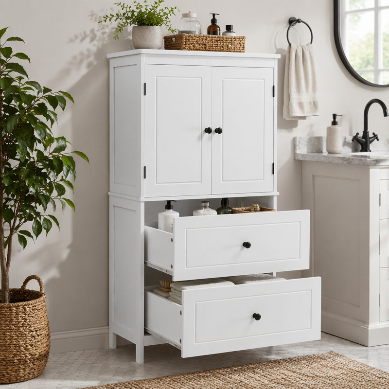 Armoire de rangement pour salle de bain, armoire avec deux portes et tiroirs, tablette réglable, panneau de fibres à densité moyenne, blanc