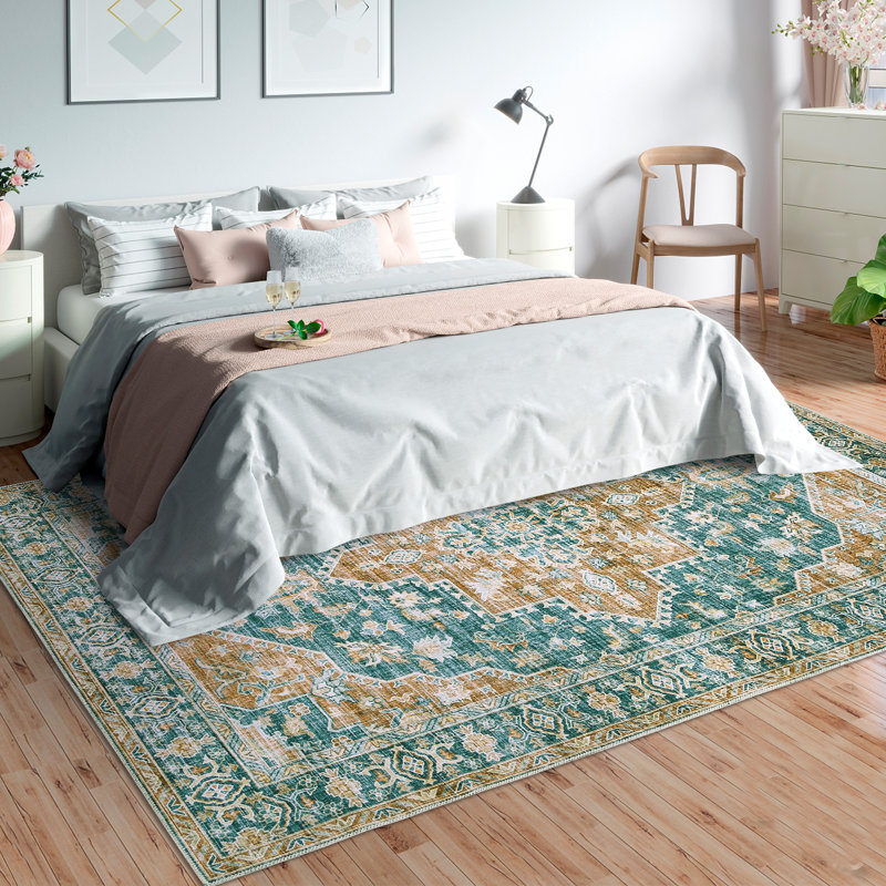 Tapis floral vert en polyester à la machine, Rectangle 9 pi x 12 pi